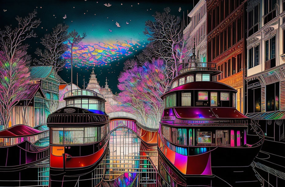 Colorful fantasy urban scene with whimsical trees and trams under starry sky