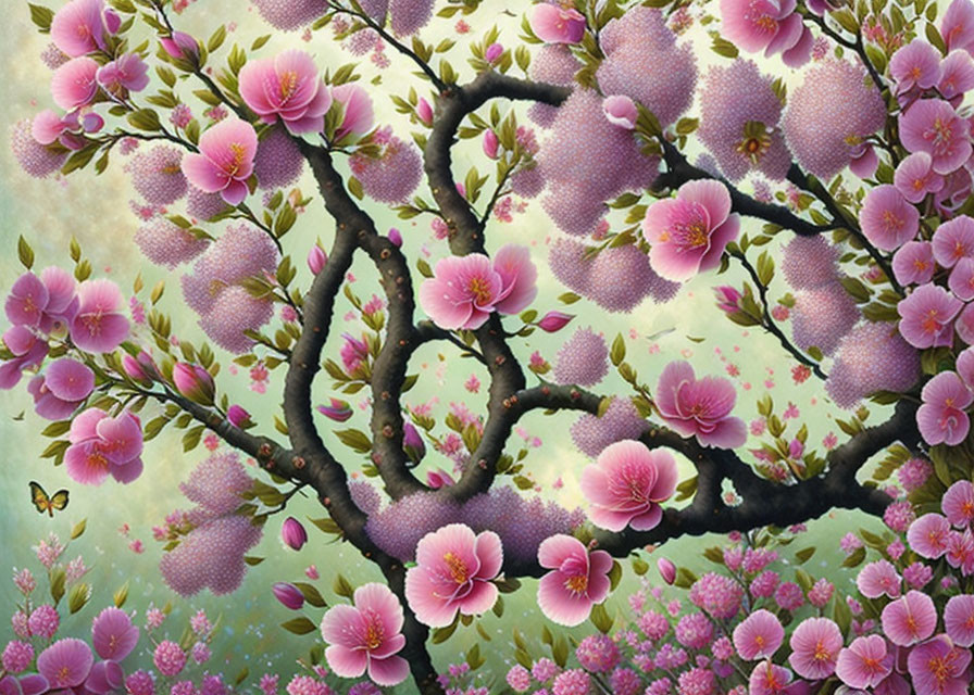 Blooming cherry blossom tree with pink flowers and butterfly in soft-focus background