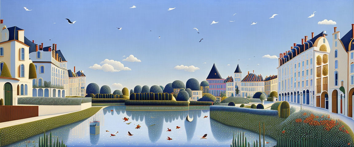 European-style riverside painting with stately homes, gardens, birds, and ducks