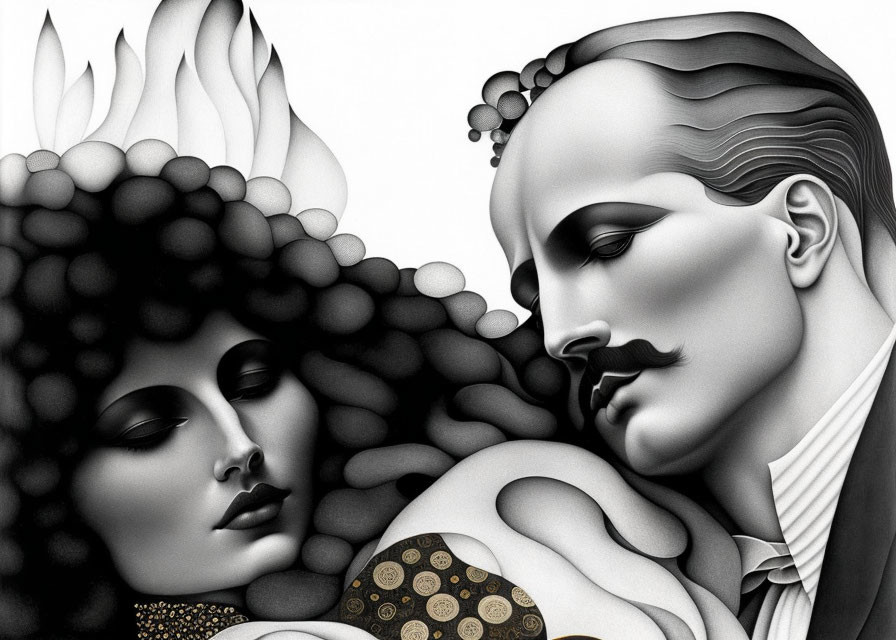 Monochromatic surrealistic artwork: stylized man and woman profiles with exaggerated hair.