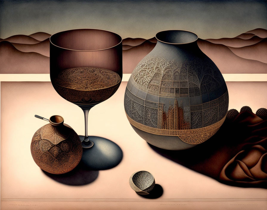 Detailed still life with etched goblet, decorated vase, small pot, spoon, and fabric on