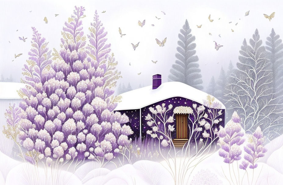 Purple-hued snowy scene with cozy cottage, lavender plants, and butterflies