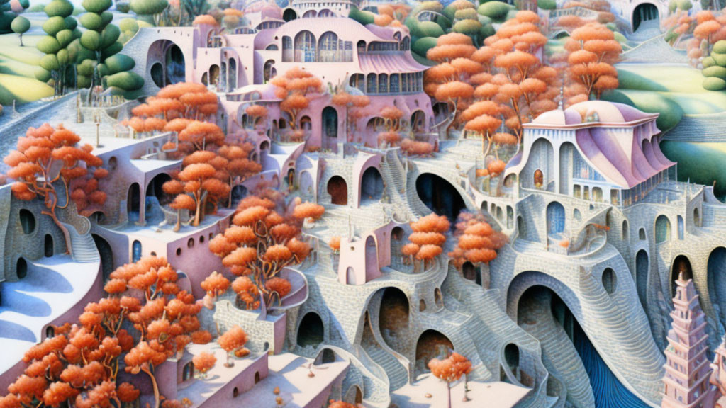 Fantastical terracotta landscape with arches, orange trees, and green hills