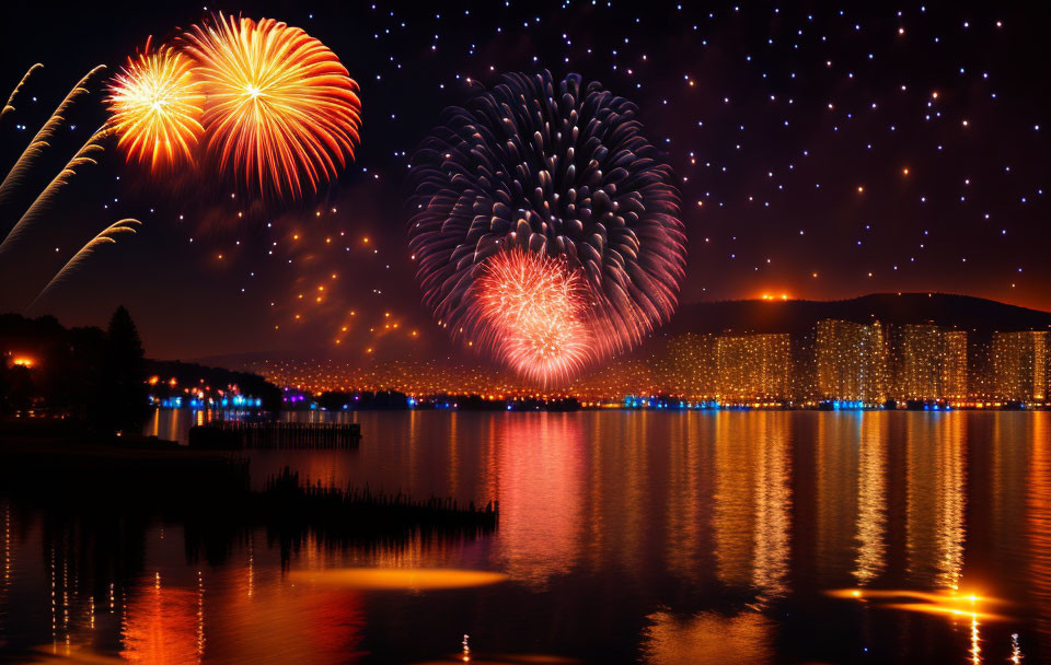 Colorful fireworks illuminate cityscape and lake under starry sky