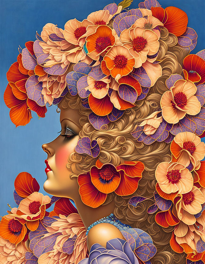 Woman with intricate floral hairstyle on blue background