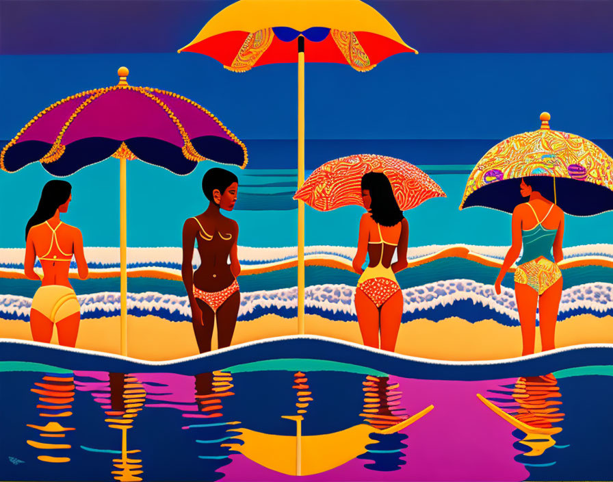 Four Women in Vibrant Swimsuits Under Colorful Umbrellas by Stylized Blue Sea