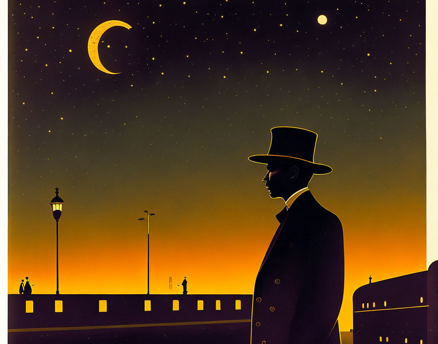 Silhouetted gentleman in top hat under crescent moon and starry sky.