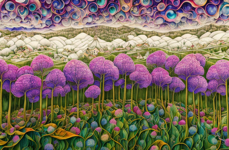 Surreal purple flowers in a field with bubble-like patterns and green hills