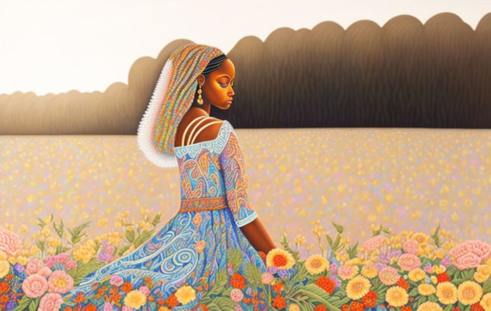 Illustration of Woman in Blue Dress Walking in Flower Field at Sunset