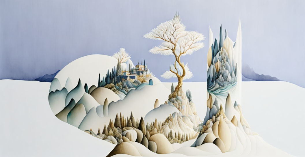 Surreal white tree in stylized landscape with miniature buildings against blue background