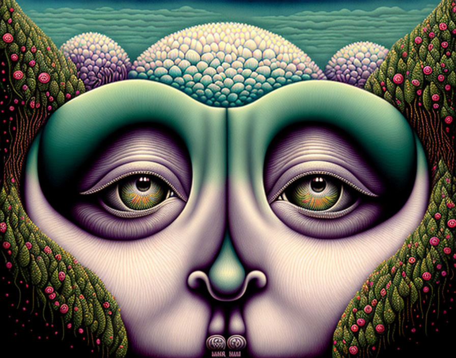 Surreal landscape: face in rolling hills, intense eyes, subdued colors, intricate vegetation.