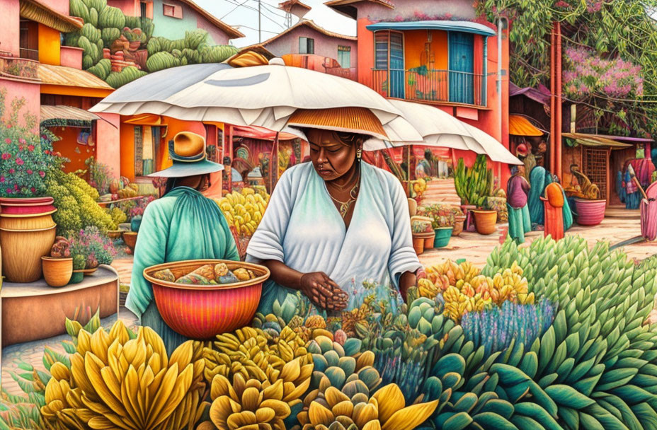 Vibrant market scene: Two people trading under large white umbrella