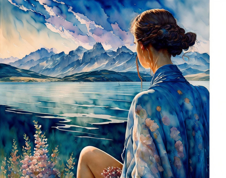 Woman with updo admires mountain landscape reflected in tranquil lake