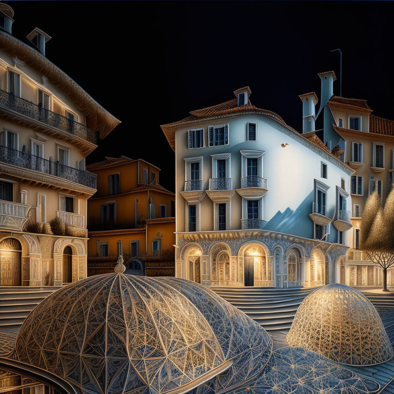 Surreal digital artwork: Glowing geometric domes in European-style night scene