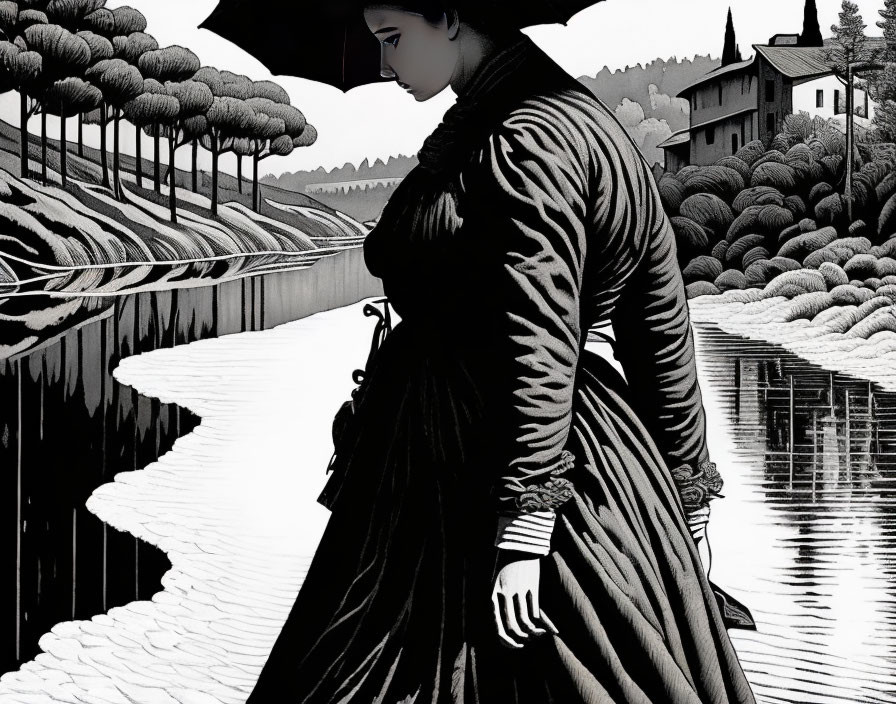 Victorian woman with umbrella by river in monochrome illustration