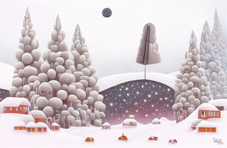 Whimsical winter landscape with textured trees, houses, starry sky, and floating islands