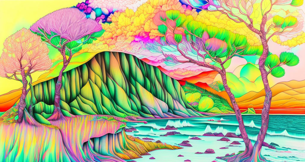 Colorful Psychedelic Landscape with Stylized Trees and Rolling Hills