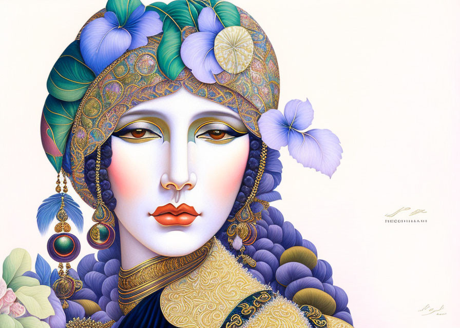 Illustration of a woman with pale skin in blue and gold headpiece with flowers and jewelry