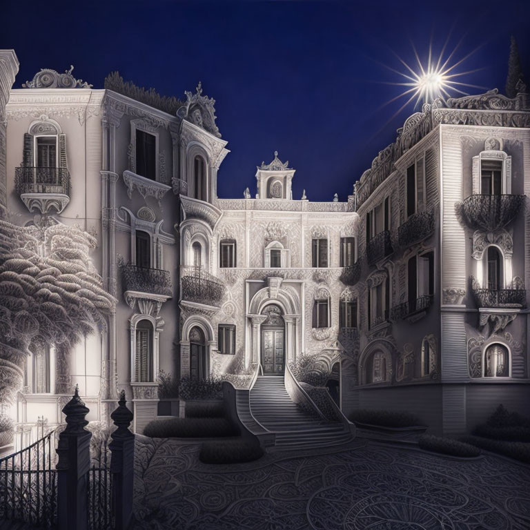 Ornate baroque-style building with intricate facade details at night