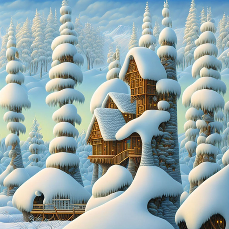 Snowy landscape with wooden cabin and pine trees in winter scene