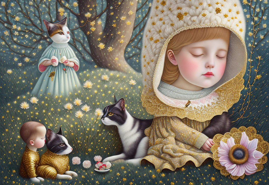 Illustration: Sleeping child in floral outfit with vintage cats on starry backdrop