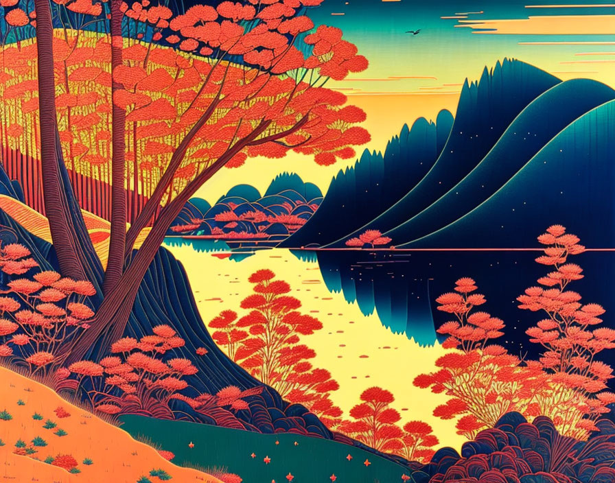 Serene landscape with red foliage, hills, river, and gradient sky