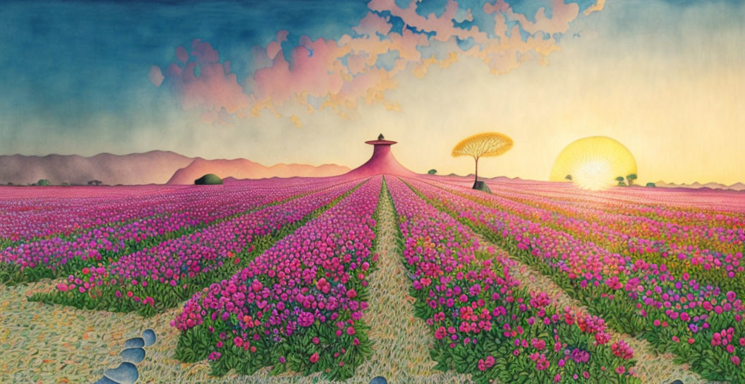 Pink flowers field with path to traditional structure under pastel sky.