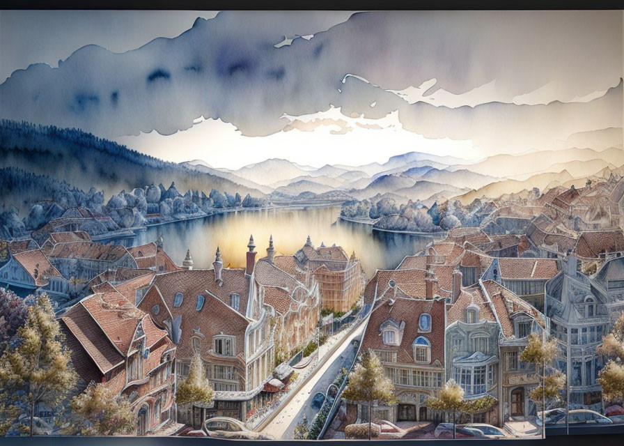 Tranquil lakeside town sunrise illustration with European-style architecture