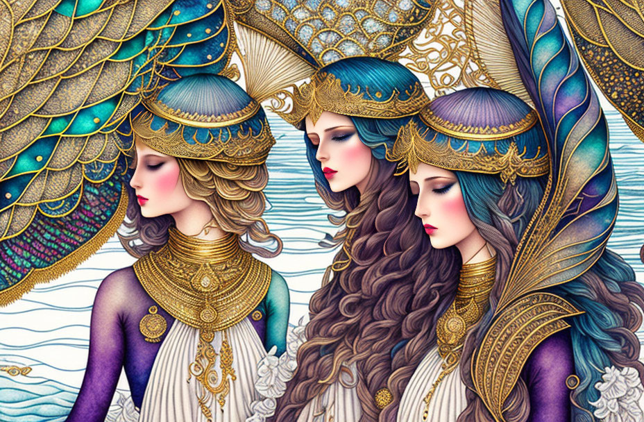 Illustration of Three Women in Elaborate Golden Headdresses