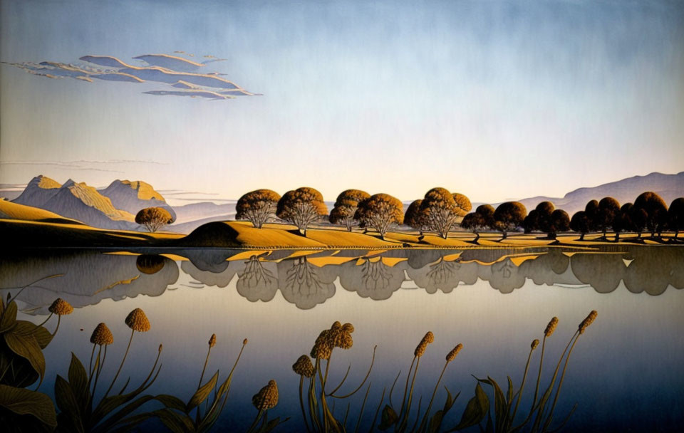 Tranquil landscape: reflective water, hills, trees, mountains, detailed flora