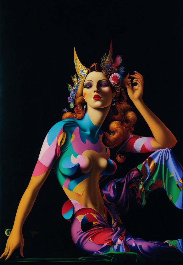 Colorful Artwork Featuring Stylized Female Figure in Decorative Headdress