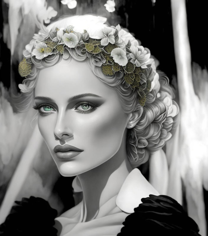 Grayscale portrait of woman with floral wreath, green eyes, and makeup against blurred background