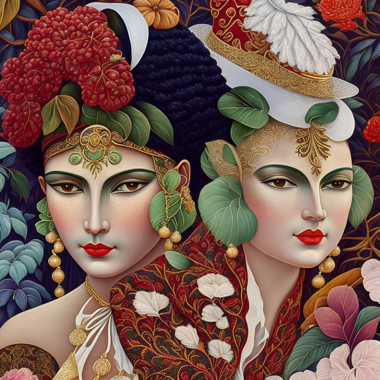 Ornately decorated female figures with traditional makeup in floral setting