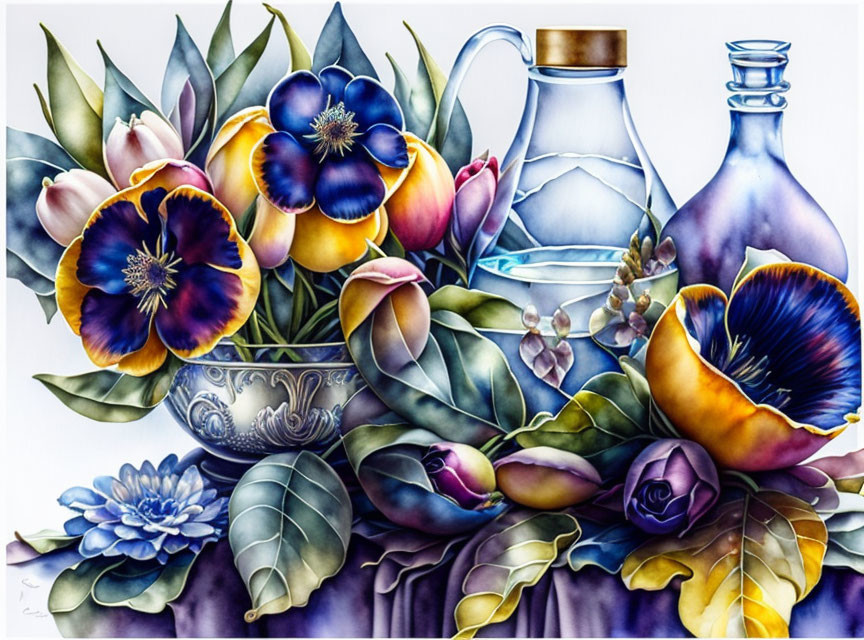 Colorful Flower Bouquet in Silver Bowl with Glass Bottles - Vibrant Watercolor Painting