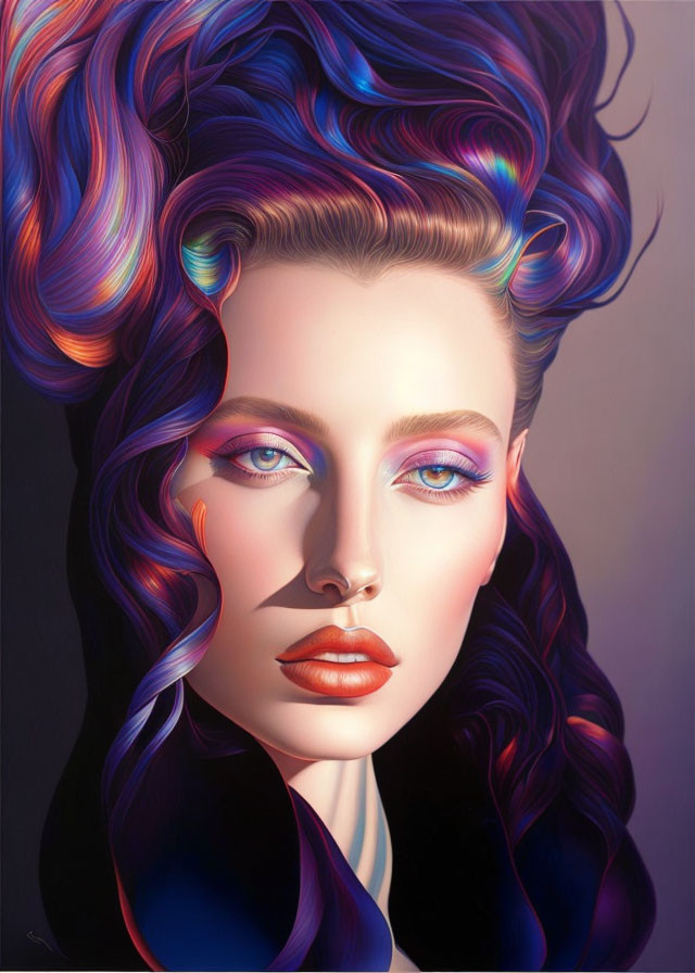 Colorful portrait of a woman with vibrant hair and detailed makeup