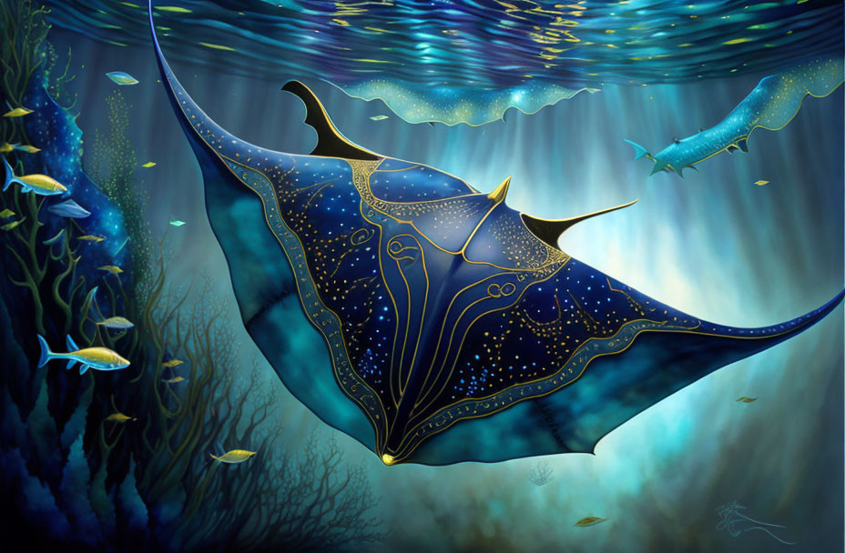 Majestic manta ray in cosmic underwater scene