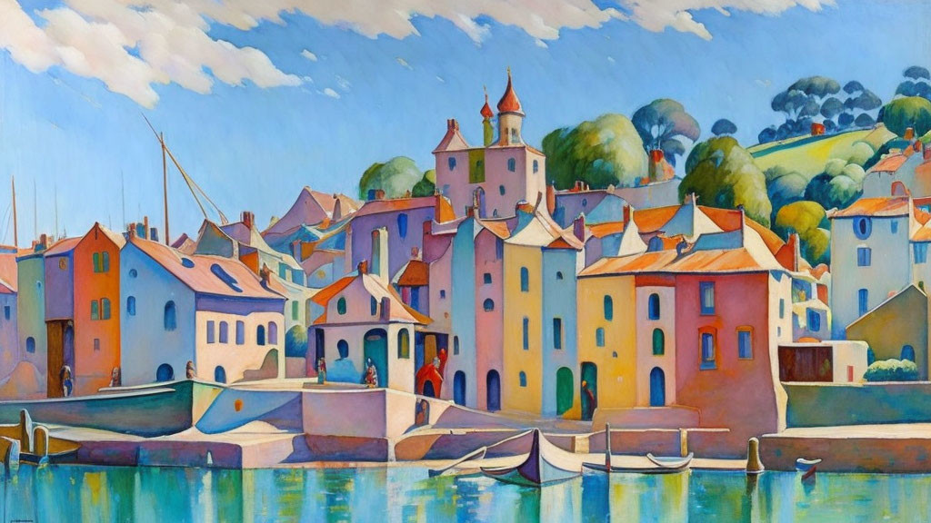 Serene harbor painting with colorful boats and pastel buildings