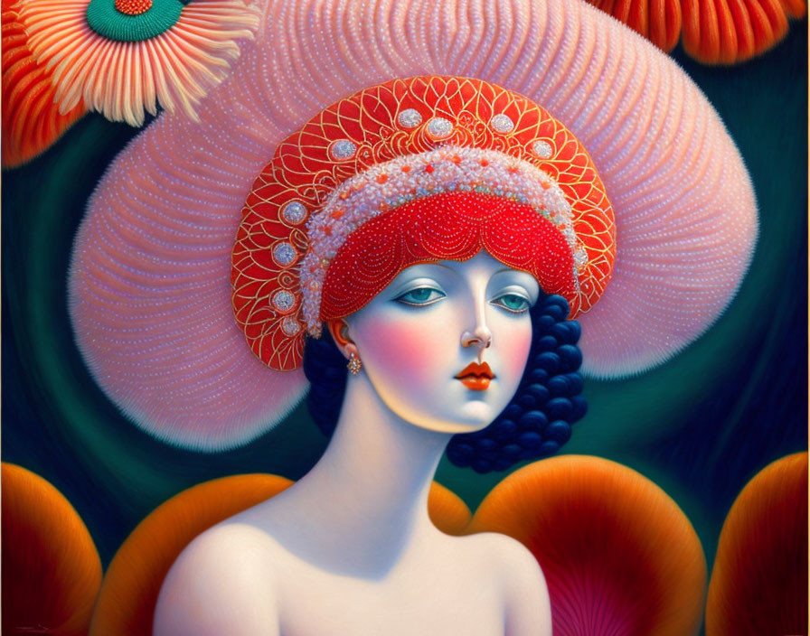 Surreal portrait of woman with pale skin and red beaded headdress among orange-red flowers on