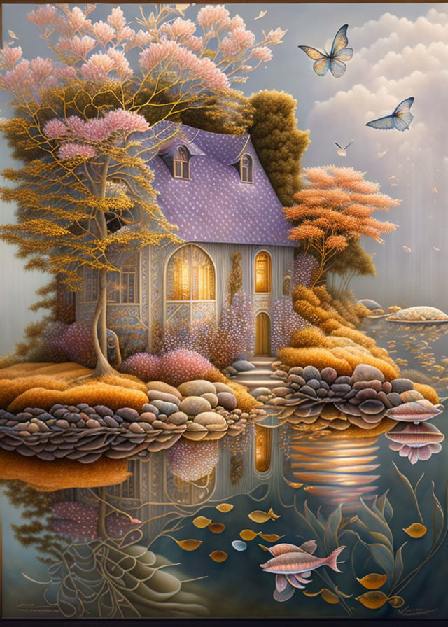 Whimsical artwork of quaint house with oversized flowers, trees, butterflies, pond, fish, and