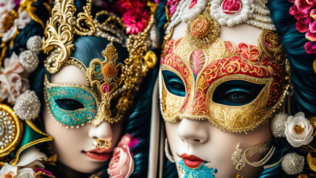 Ornate Venetian Masks with Vibrant Colors and Feathers