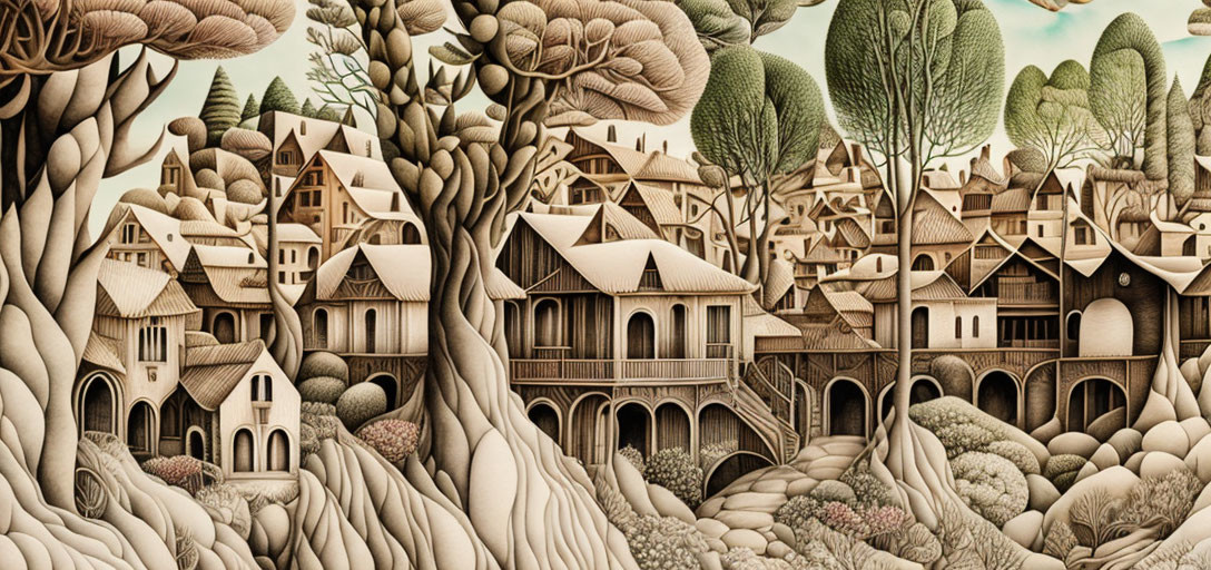 Detailed Whimsical Village Illustration in Monochromatic Earthy Tones