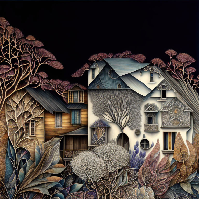 Whimsical houses and trees in warm colors with intricate details