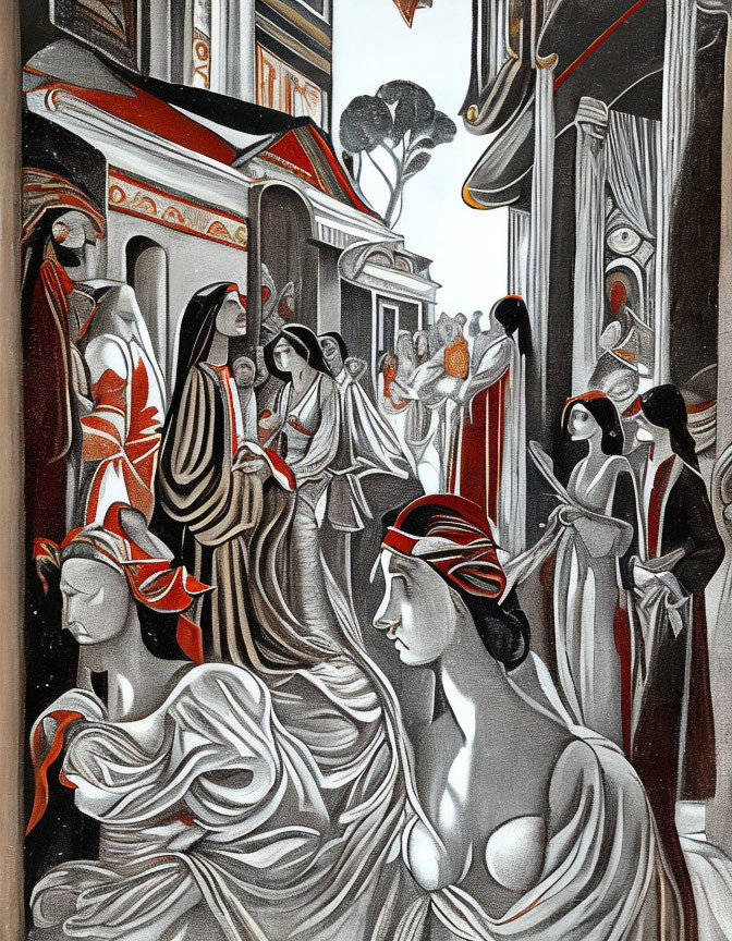 Stylized illustration of classical figures in flowing robes and architectural setting