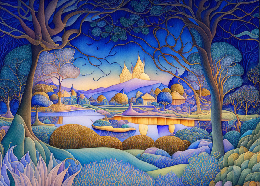 Colorful Stylized Artwork of Whimsical Landscape with Trees, Church, River, and