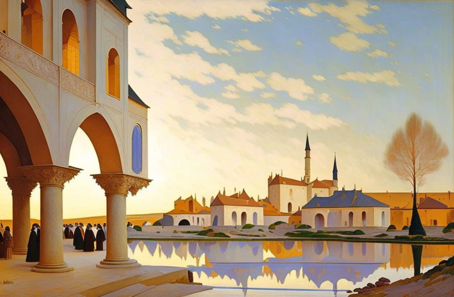 Tranquil sunset scene with arched structure and town reflected in water