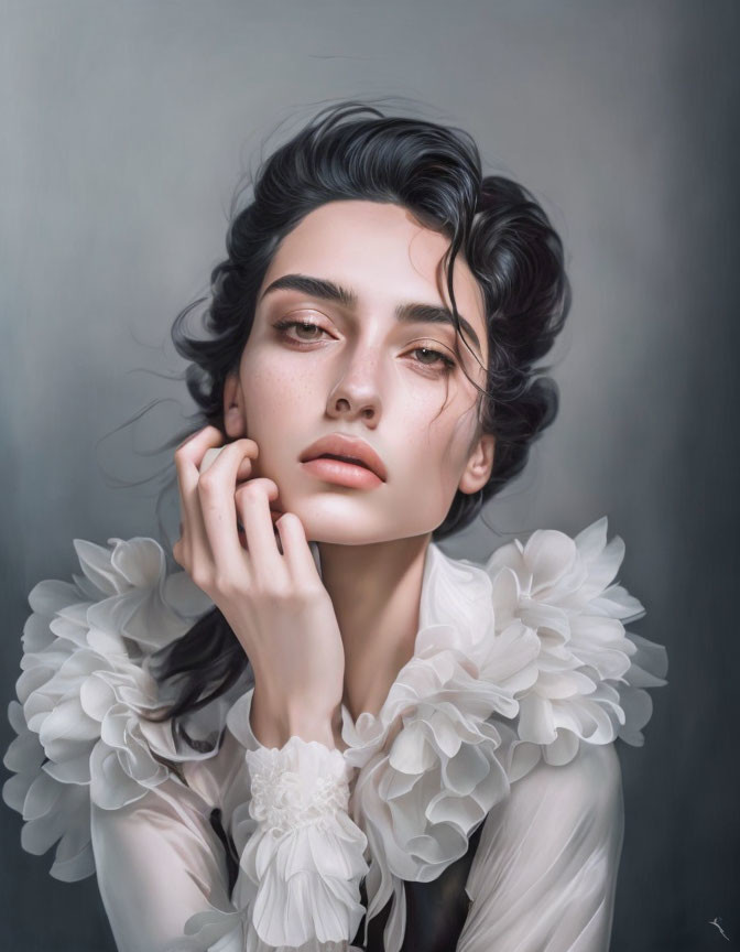 Portrait of woman with dark hair and thoughtful eyes in white blouse