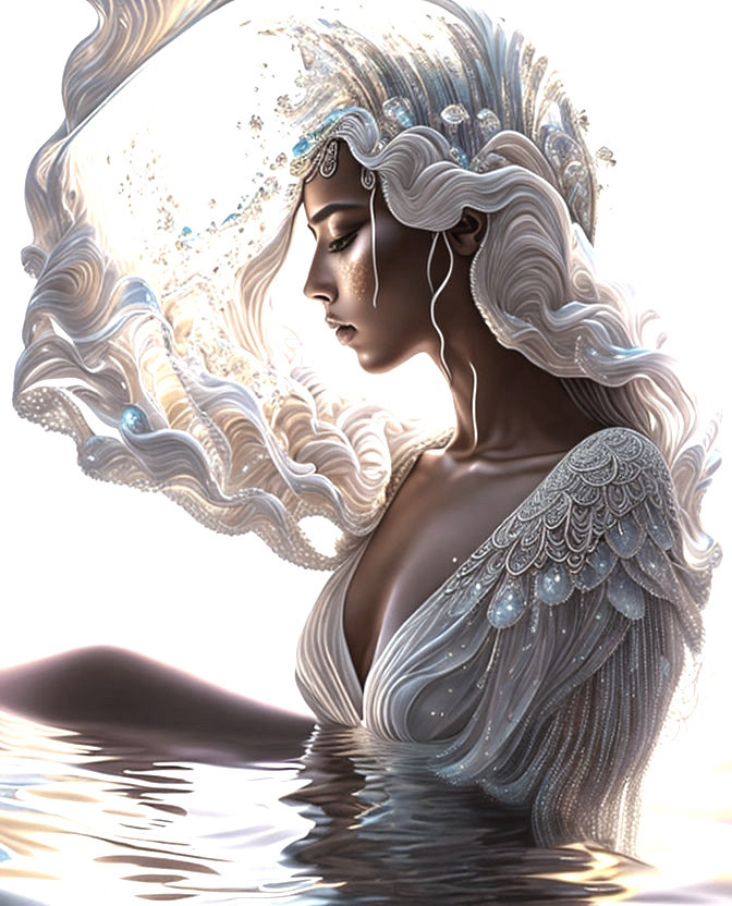 Ethereal woman with flowing white hair and pearl adornments