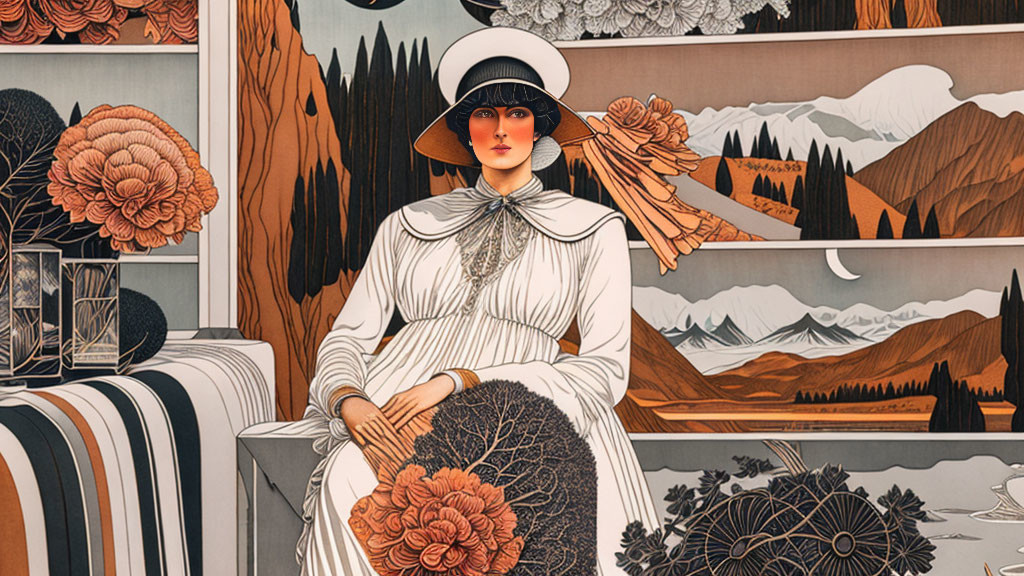 Elegant woman in art deco style illustration with mountains and flowers