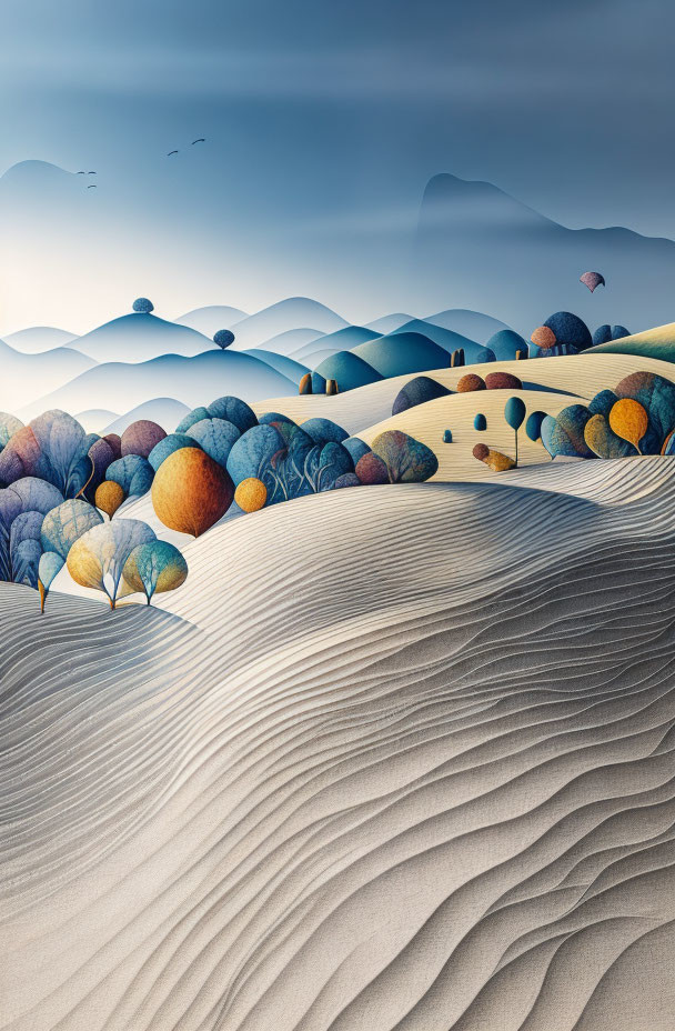 Surreal landscape with stylized trees, patterned hills, and dunes under a hazy