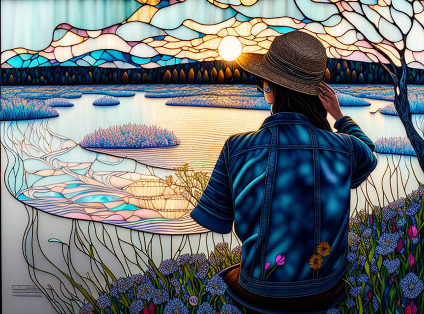 Person in straw hat and denim jacket admires sunset over tranquil lake with lilypads in stained-g